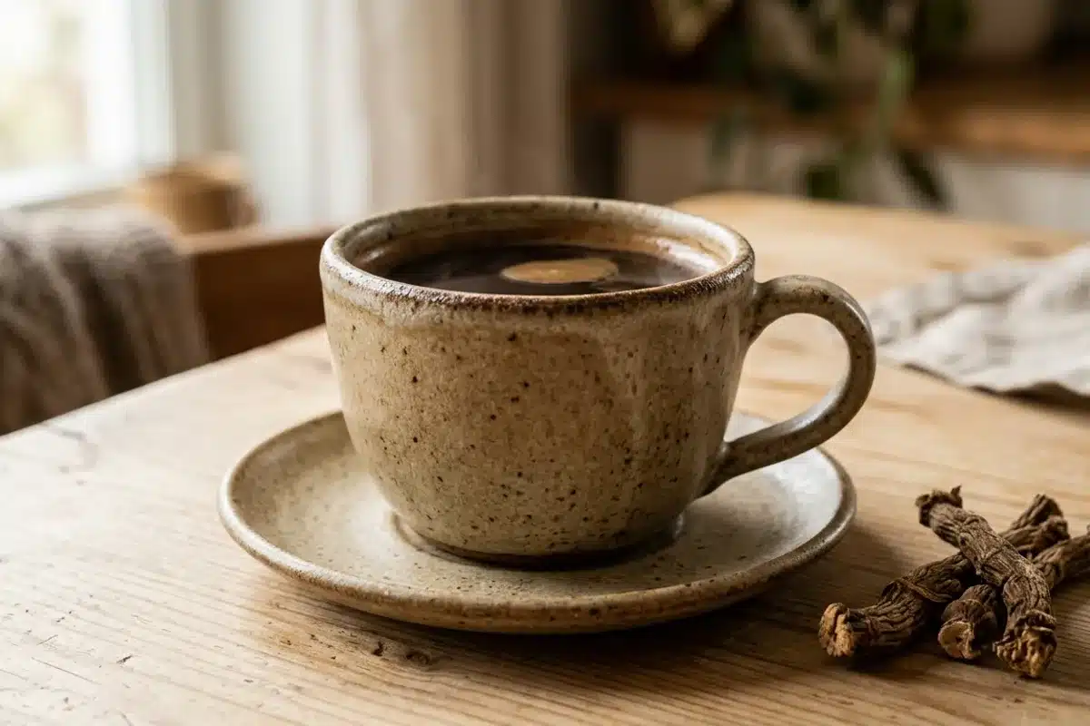 Tasse de chicorée — alternative au café pendant le sevrage Tasse de chicorée en céramique beige avec racines de chicorée, alternative au café pendant le sevrage