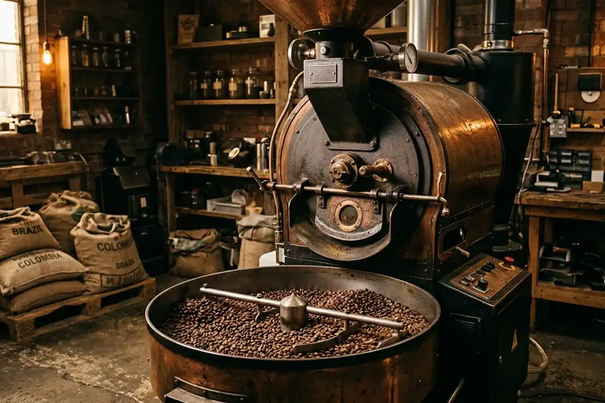 Torréfaction artisanale du café au tambour Torréfacteur artisanal à tambour en action avec grains de café dans le bac de refroidissement