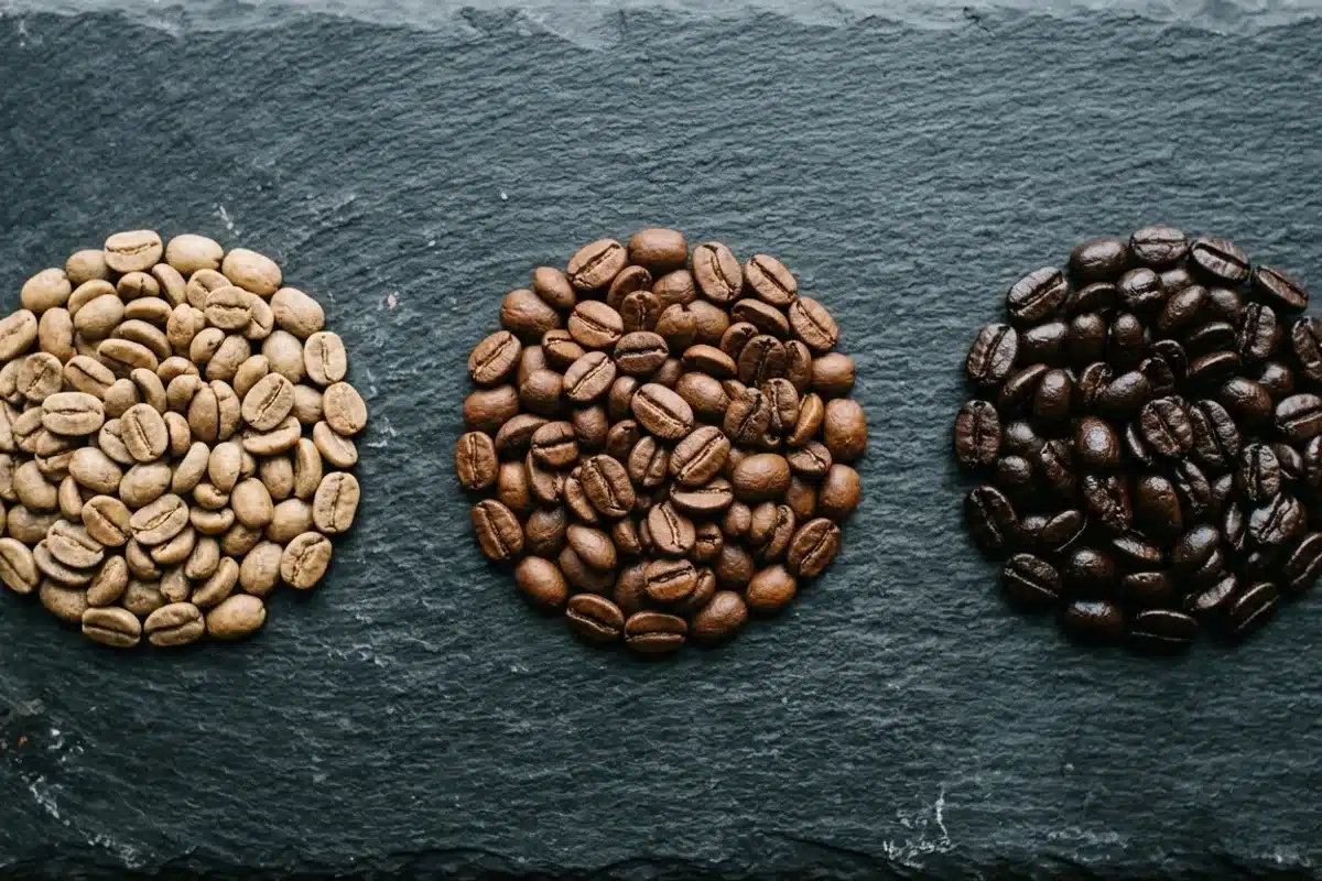 Profils de torréfaction du café : clair, moyen, foncé Trois profils de torréfaction du café, grains clairs, moyens et foncés côte à côte